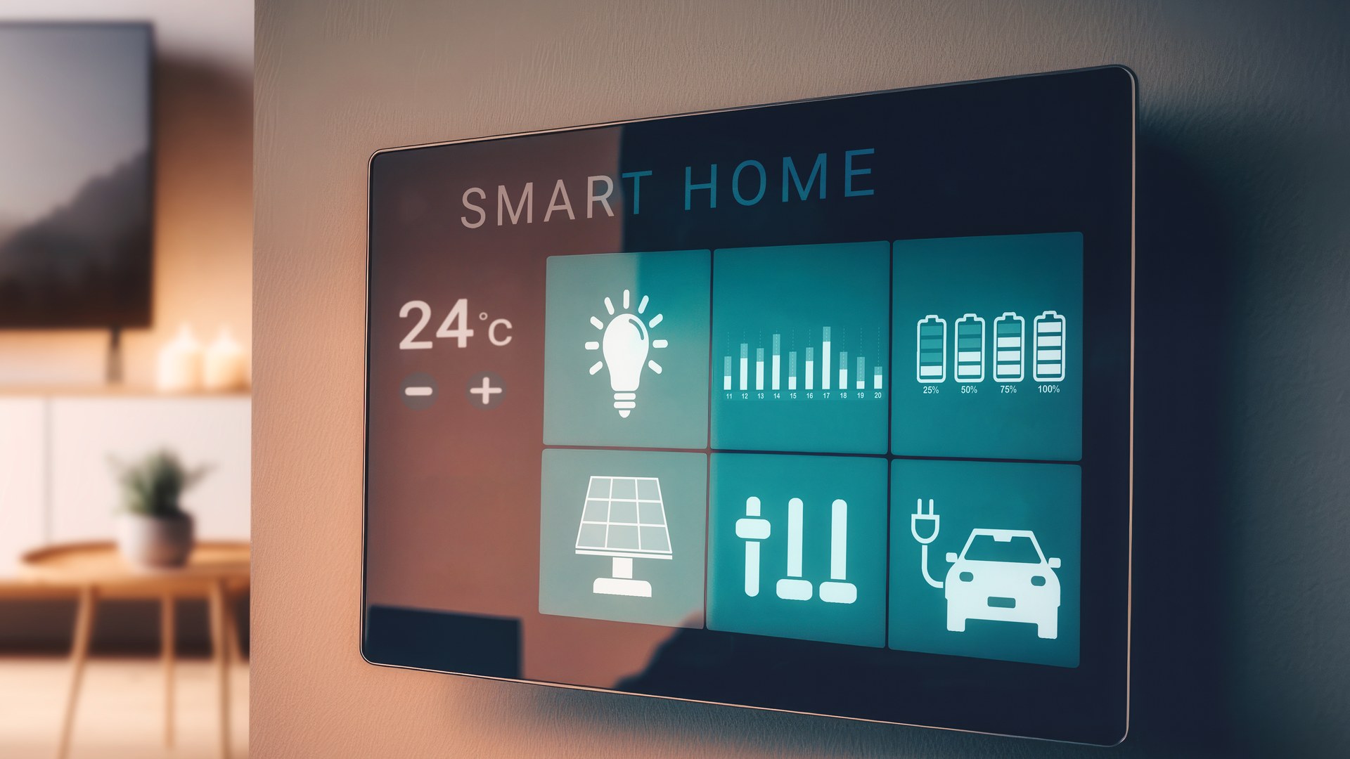 Smart-Home-Display an Wand zeigt PV, Speicher, E-Auto – Home Energy Management System