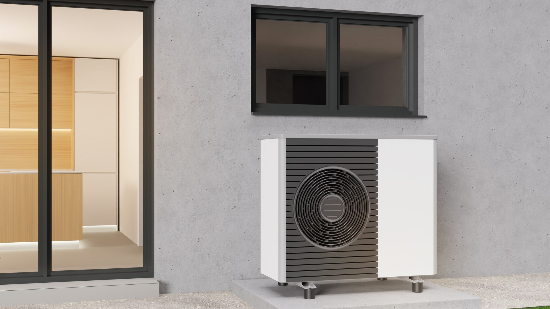 Moderne Luft-Wasser-Wärmepumpe an grauer Hausfassade – Kombination mit Photovoltaik