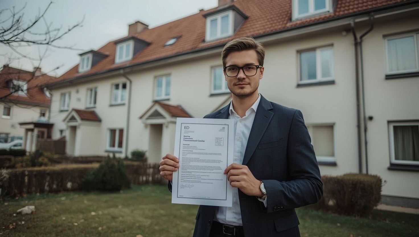 Energieausweis 2026 – Berater mit Dokument vor Wohnhaus