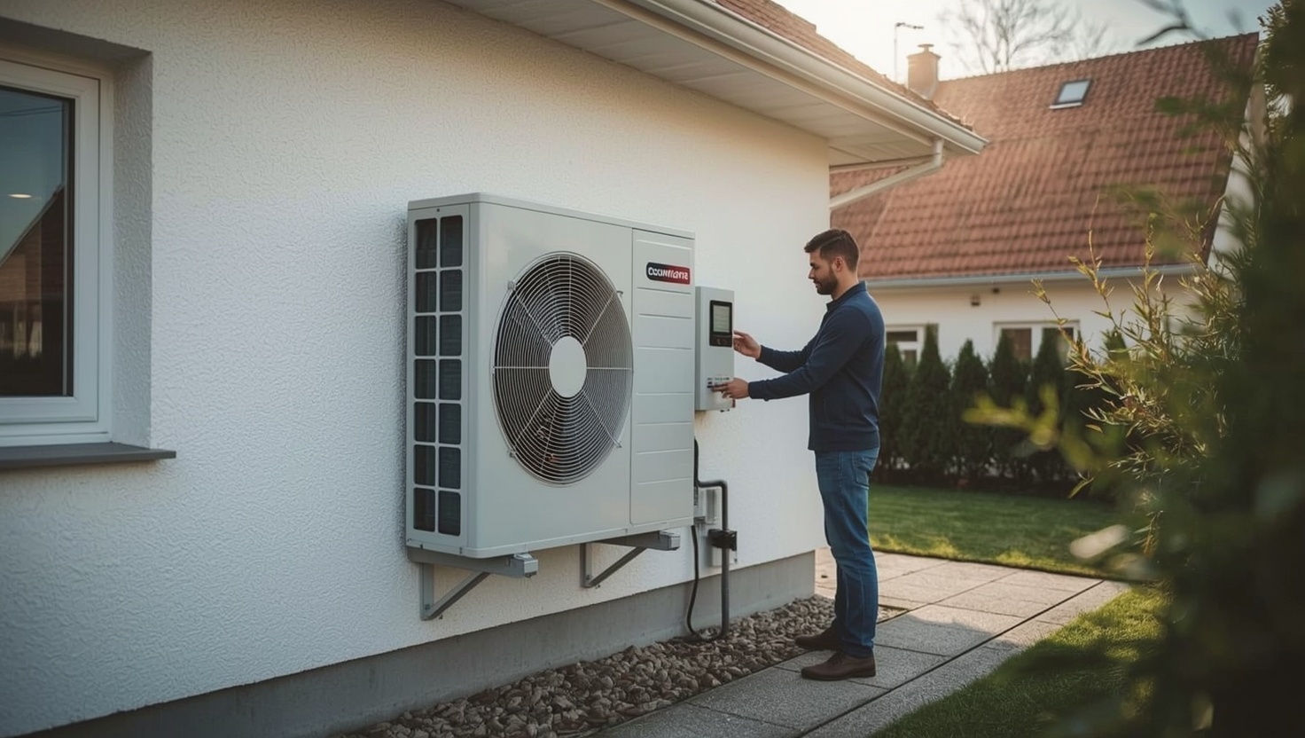 Wärmepumpe einstellen – Techniker justiert Außengerät
