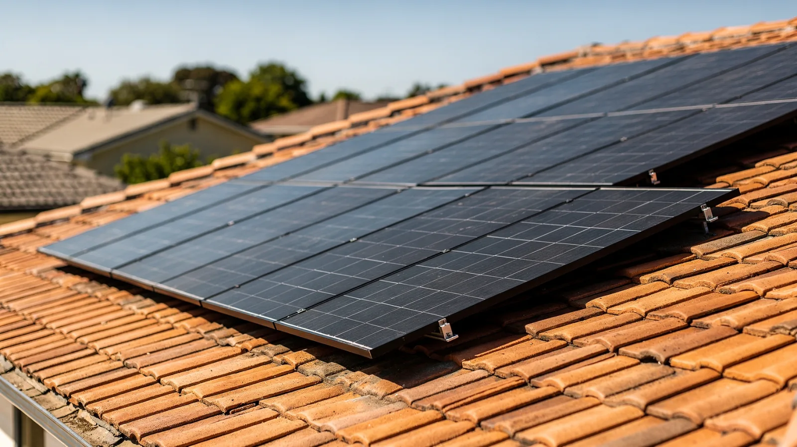 Dach eines Einfamilienhauses mit aufdachmontierten Solarmodulen und sonnigem Himmel