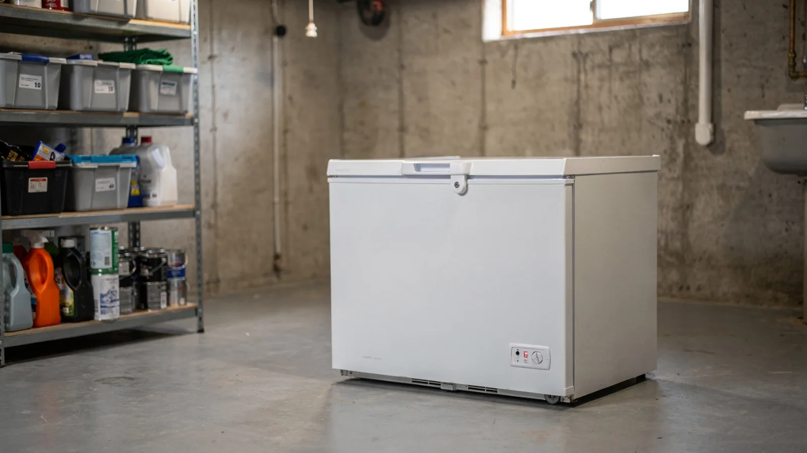 Gefrierschrank im Keller neben Regalen und Betonwand in einem Hauswirtschaftsraum